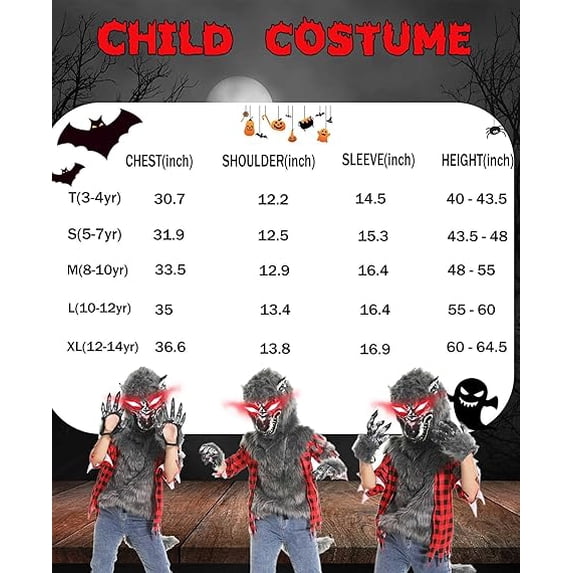 Boys Wolf Costume Set – Halloween Red Werewolf Outfit with Glowing Eyes Mask, Shoe Covers, Gloves, Tail & Vampire Fangs (3-4T)