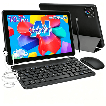 BUFO 10 Inch Tablet with Gemini AI and Keyboard set, 34GB+128GB, 6000mAh, Face Unlock, Android 16, Black
