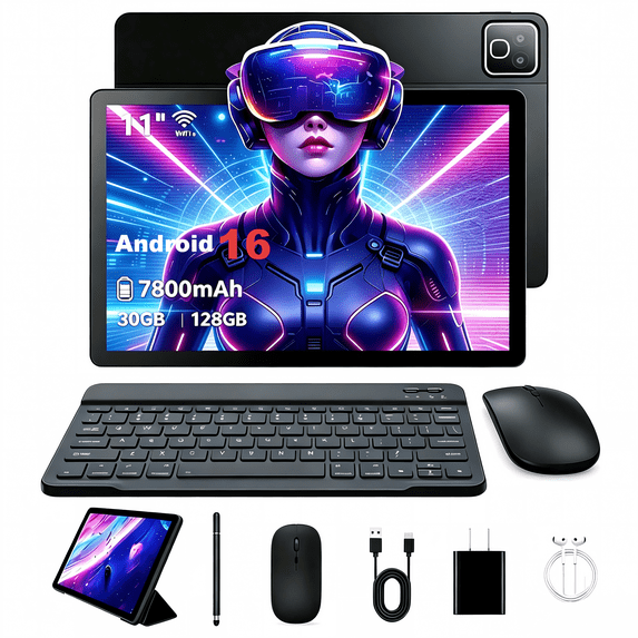 BUFO 11 Inch Tablet with Keyboard set, 30GB RAM+128GB ROM, 2000x1200 IPS HD Display, Dual Camera, 7800mAh, Black