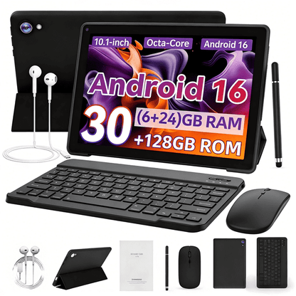 AEEZO Gemini AI 10 Inch Tablet with Keyboard set, 30GB+128GB, Android 16 Octa-Core & Split Screen, Wi-Fi 6, Dual Cameras, 5000mAh, Black