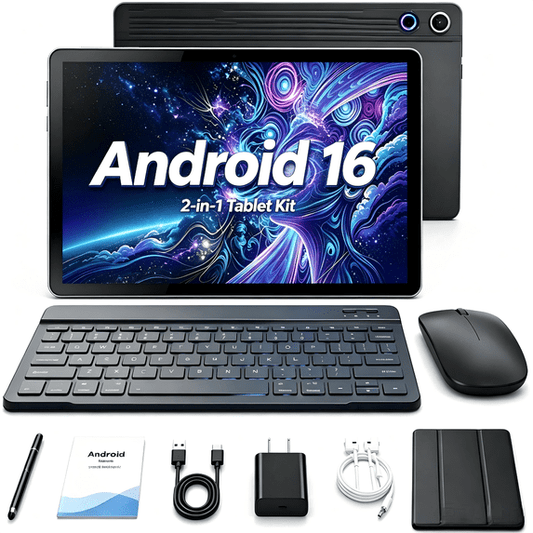 BESTSKI Android 16 10.1 Inch 2-in-1 Tablet Bundle, 20GB + 64GB (1TB Expandable) with Keyboard, Mouse, Stylus & Case, Black
