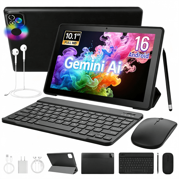 BUFO 10 Inch Gemini AI Tablet with Keyboard, 36GB+256GB, 6000mAh, WiFi 6, Dual Speaker Camera, Black