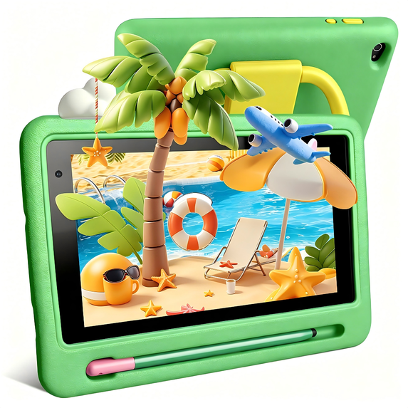 BESTSKI 7 Inch Kids Tablet with Case for Toddler, 24GB RAM+128GB ROM, IPS HD Screen, Ukidoz Pre-install, Green