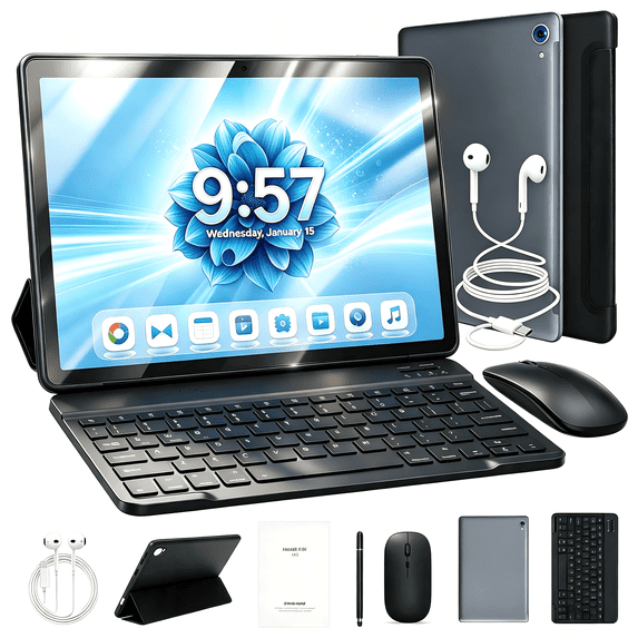10 Inch Android 15 Tablet Set, 24GB RAM 128GB ROM, WiFi 6, Keyboard & Mouse Bundle for Student Office,Gray