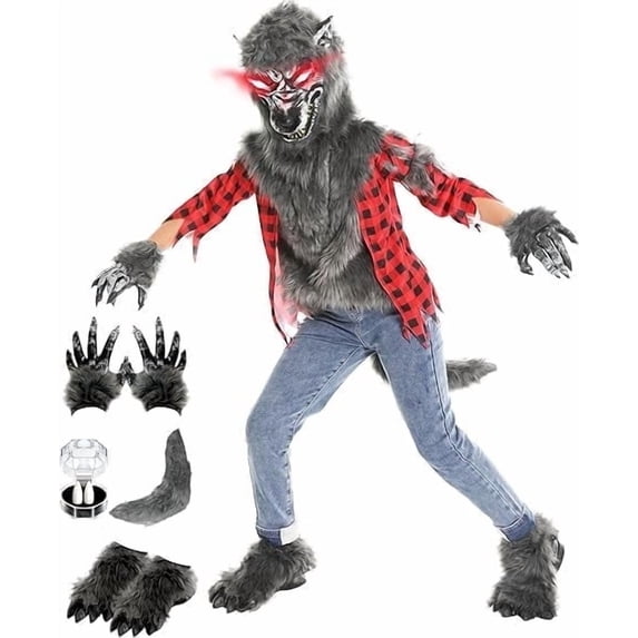 Boys Wolf Costume Set – Halloween Red Werewolf Outfit with Glowing Eyes Mask, Shoe Covers, Gloves, Tail & Vampire Fangs (3-4T)